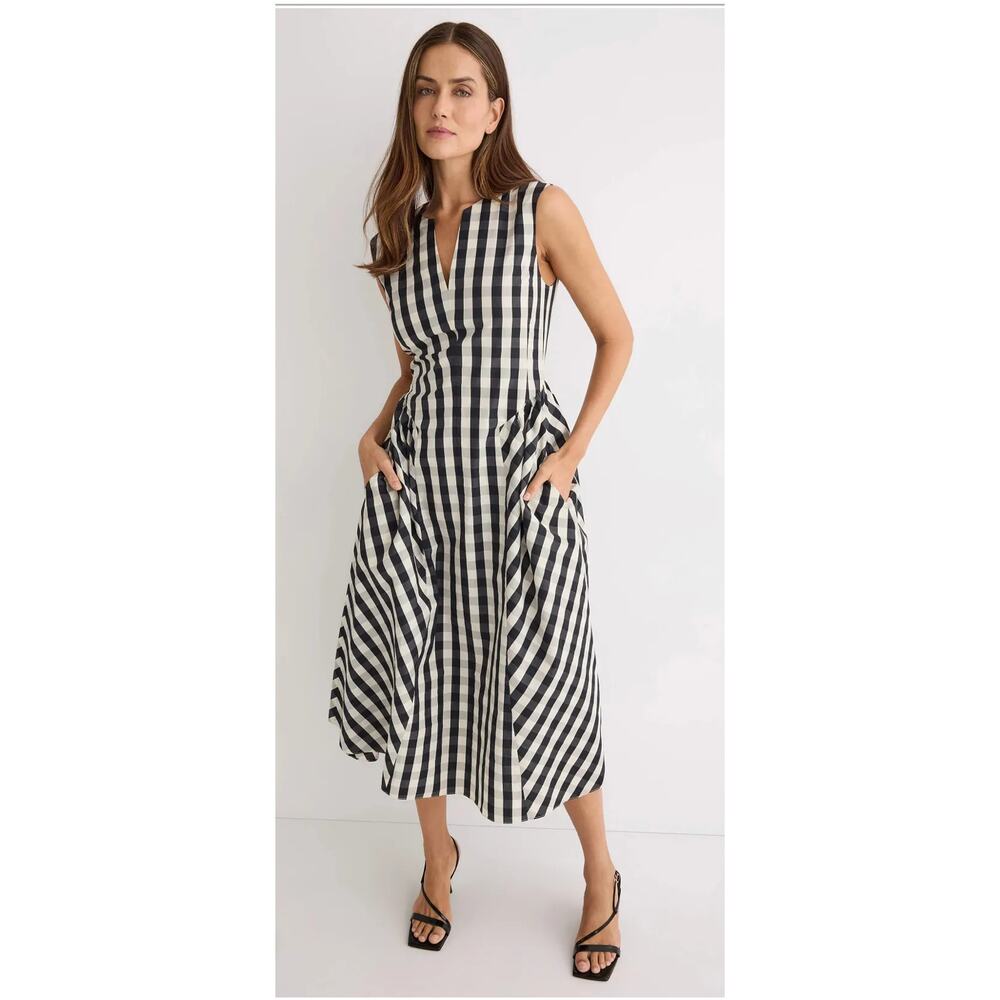 Tanya Taylor Black White Gingham Check Strapless Fit Flare Midi Dress Size 6